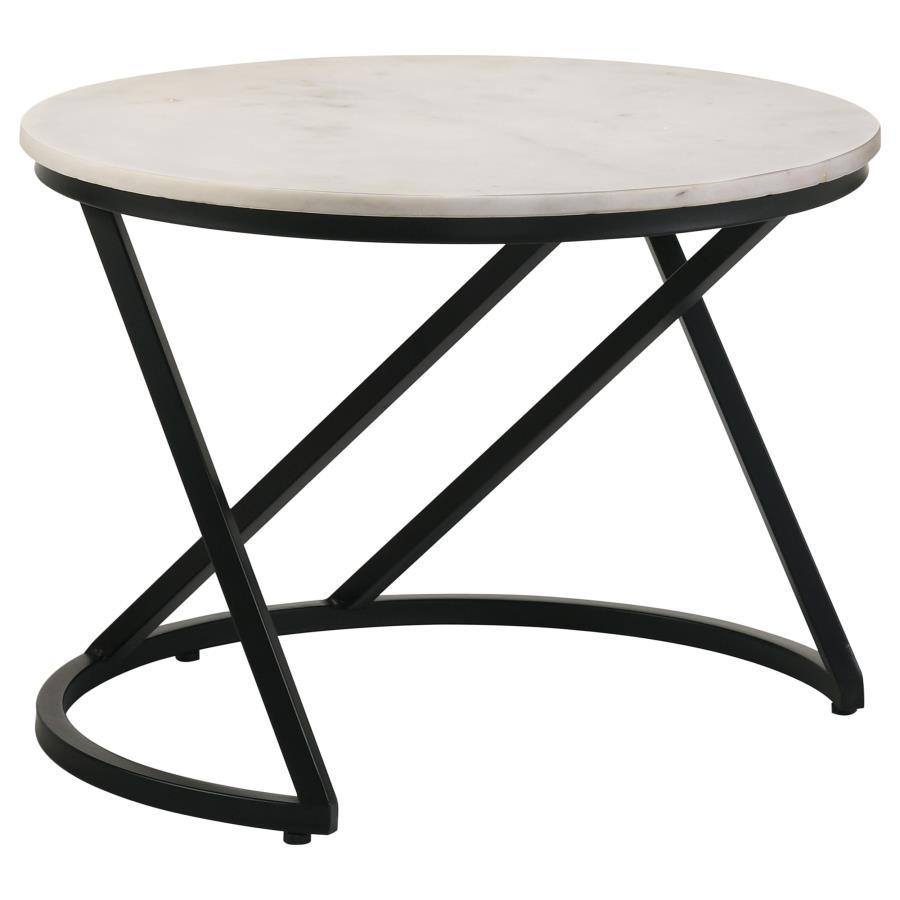 A stunning combination of timeless elegance and contemporary design, this round accent table features a polished white marble top, adding a touch of sophistication to any space. The bold black metal base showcases an artful C-shape with intersecting suppo