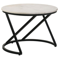 A stunning combination of timeless elegance and contemporary design, this round accent table features a polished white marble top, adding a touch of sophistication to any space. The bold black metal base showcases an artful C-shape with intersecting suppo