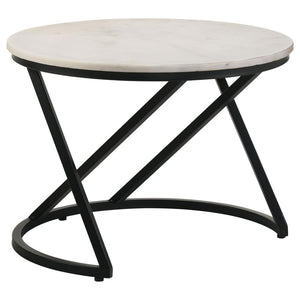 A stunning combination of timeless elegance and contemporary design, this round accent table features a polished white marble top, adding a touch of sophistication to any space. The bold black metal base showcases an artful C-shape with intersecting suppo