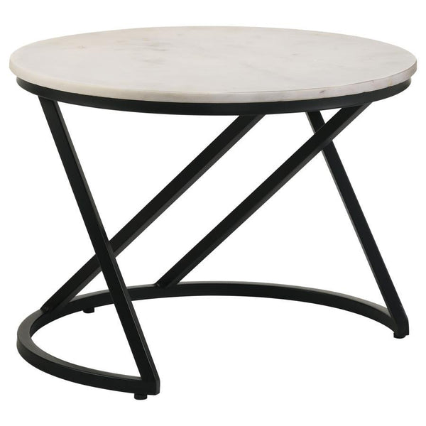 A stunning combination of timeless elegance and contemporary design, this round accent table features a polished white marble top, adding a touch of sophistication to any space. The bold black metal base showcases an artful C-shape with intersecting suppo
