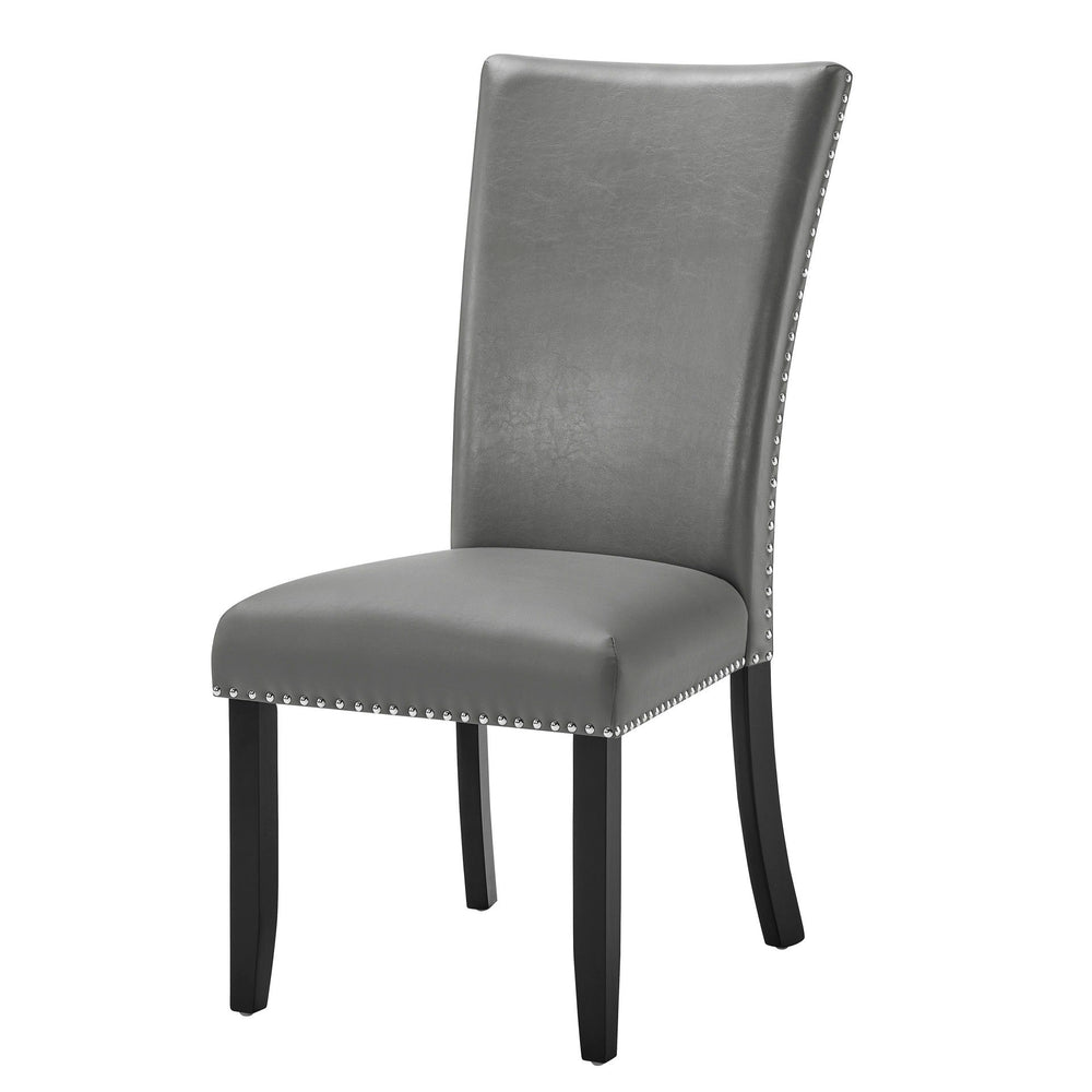 Upgrade your dining area with the Lyra Upholstered Dining Chairs. This set of two chairs feature a sleek gray upholstery that exudes contemporary glam, complemented by black legs and elegant silver nail head trim. Crafted from a combination of solid and m