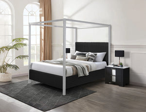 Redefine luxury and style in your bedroom with this stunning canopy bed, designed to make a bold yet elegant statement. Its sleek, minimalist frame provides a modern take on timeless sophistication, while the upholstered headboard, featuring soft vertical