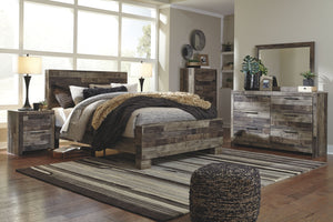 Derekson - 7 Pc. - Dresser, Mirror, Queen Panel Bed, 2 Nightstands - Multi Gray