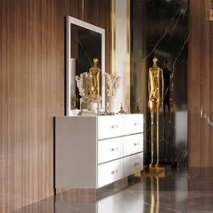 The Europa Two Piece Dresser and Mirror Set in white offers a perfect blend of modern sophistication and practical functionality. The sleek, modern design is achieved with a gleaming white finish, mylar accents, and acrylic drawer pulls, creating a sophis