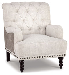 Fresh and sophisticated. This accent chair with button tufting is a classy addition to your home. Inside-out design with linen weave fabric on the seating area and taupe faux leather on the back. Large nailhead trim ties the look together. Charles of Lond