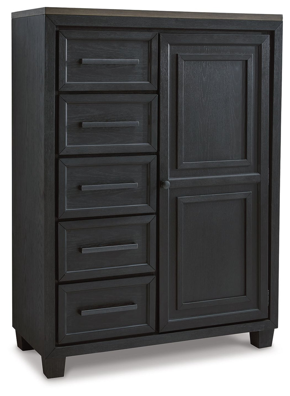 This door chest is casual contemporary style simply done right. Its two-tone color scheme features a rich brushed black main color accented with a beautiful dusty grayish brown wood tone. And there-'s plenty of storage to accommodate your wardrobe needs w