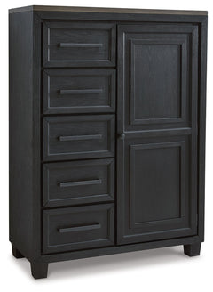 This door chest is casual contemporary style simply done right. Its two-tone color scheme features a rich brushed black main color accented with a beautiful dusty grayish brown wood tone. And there-'s plenty of storage to accommodate your wardrobe needs w