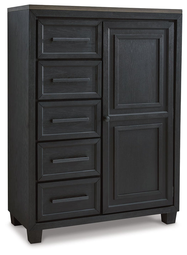 This door chest is casual contemporary style simply done right. Its two-tone color scheme features a rich brushed black main color accented with a beautiful dusty grayish brown wood tone. And there-'s plenty of storage to accommodate your wardrobe needs w
