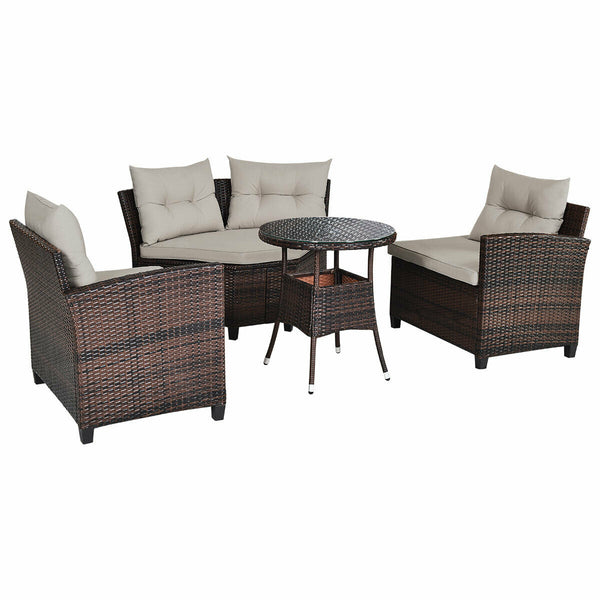 The sturdy and durable steel frame ensures sturdiness of the set<br>Tight and hand-woven rattan can withstand moderate rain or wind<br>Thick and soft cushion with a high-density sponge for your hip and back<br>Cover with the zipper of the seat cushion is 