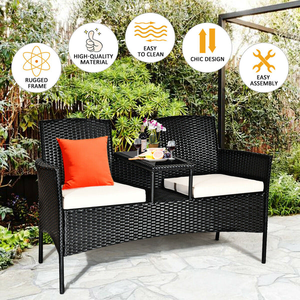 Rugged steel frame is durable and sturdy<br>High-quality rattan is weather-resistant and fade-resistant<br>Tempered glass table top is fixed by powerful suckers<br>Soft seat cushions is filled with high-density sponge<br>The zippered cover is removable an