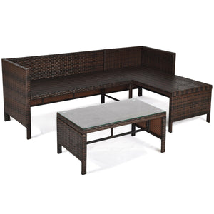 Outdoor sectional sofa  available for 3-4 friends comfortably with a glass table to hold food and drinks <br>Premium transparent tempered glass top  securely placed on the sturdy wicker table  more convenient to clean <br>L-shape design fits any corner of