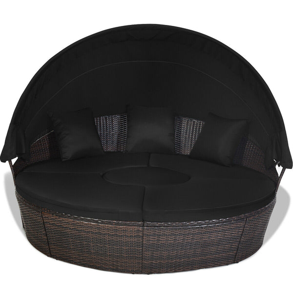 Includes: 1 x Rattan round daybed  4 x Sector cushion  3 x Pillow  1 x User guide<br>Will be delivered in 4 packages so the arriving time may vary<br>Durable and sturdy steel frame to keep stable<br>Lightweight and premium PE rattan material for long life