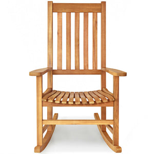 This rocking chair is constructed of premium acacia wood  which is corrosion-resistant and durable to support your long-term use. Â  Designed with contoured slatted seat  high back and widened armrest  the chair will give you comfortable sitting feeling t