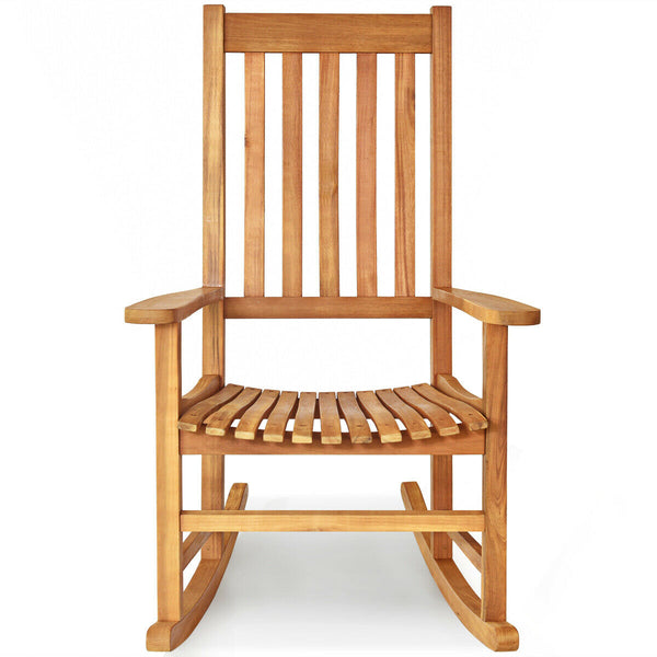 This rocking chair is constructed of premium acacia wood  which is corrosion-resistant and durable to support your long-term use. Â  Designed with contoured slatted seat  high back and widened armrest  the chair will give you comfortable sitting feeling t