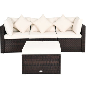 Includes 2 corner sofas  1armless table and 1 ottoman for versatile use<br>Sturdy powder-coated steel frame provides strong durability and stability<br>All-weather and wear-resistant PE rattan provides a long service life<br>Thick and soft sponge padded c