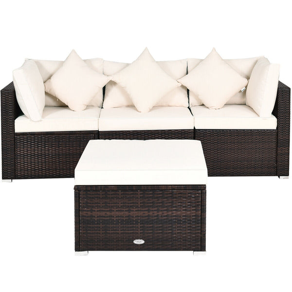 Includes 2 corner sofas  1armless table and 1 ottoman for versatile use<br>Sturdy powder-coated steel frame provides strong durability and stability<br>All-weather and wear-resistant PE rattan provides a long service life<br>Thick and soft sponge padded c