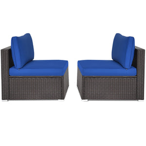Power coated and solid steel frame adds sturdiness<br>Tight and hand-woven rattan to withstand change of weather<br>Two of the armless chairs can be used separately<br>Aluminum foot pads protect bottom rattan from scratching<br>Can be added to the same st