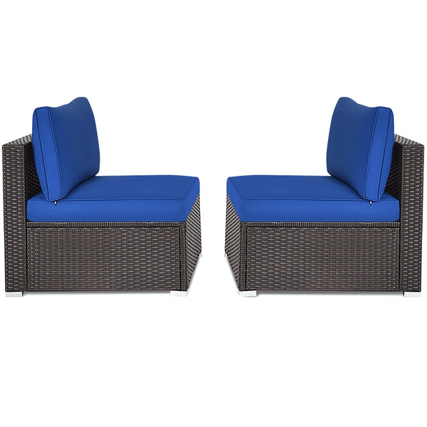 Power coated and solid steel frame adds sturdiness<br>Tight and hand-woven rattan to withstand change of weather<br>Two of the armless chairs can be used separately<br>Aluminum foot pads protect bottom rattan from scratching<br>Can be added to the same st