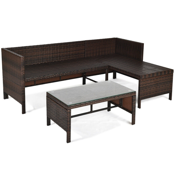 Outdoor sectional sofa  available for 3-4 friends comfortably with a glass table to hold food and drinks <br>Premium transparent tempered glass top  securely placed on the sturdy wicker table  more convenient to clean <br>L-shape design fits any corner of