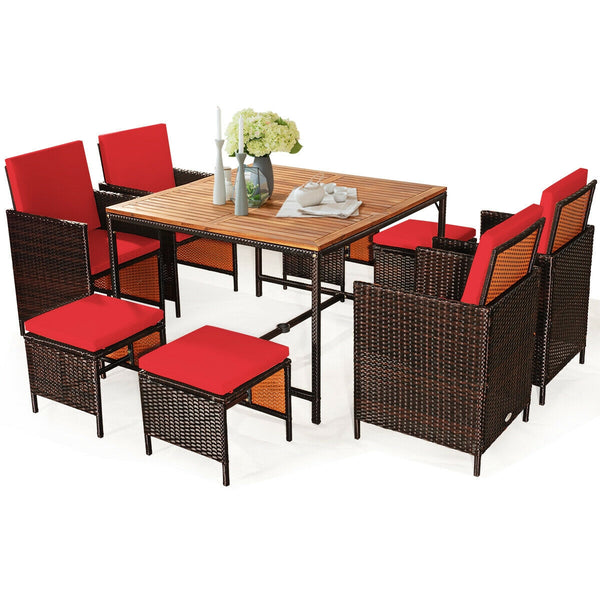 Made of PE wicker and sturdy steel frame ensuring weather resistance<br>Acacia wood tabletop makes sure the sturdiness and durability<br>Suitable for outdoor use with umbrella hole design<br>Cushioned seats with wide backrest bring you a comfortable exper