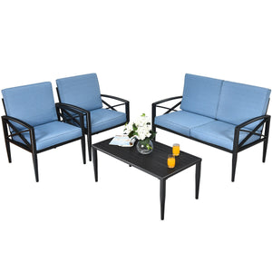 Have an intimate lounge time with this outdoor sofa set! Â  The patio sofa set is made up of 1 side table  2 single sofas and 1 loveseat with ample resting room. Each seat is cushioned with high density sponge covering with breathable and soft fabric. And