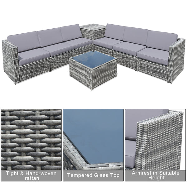 Including 6 sofas  1 storage box  1 coffee table  6 seat cushions and 6 back cushions <br>Sturdy iron frame and premium rattan for better durability <br>Large load-bearing capacity-- 360 lbs for each sofa and 110 lbs for coffee table <br>A storage box as 