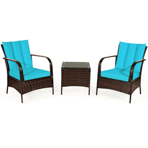 Durable and sturdy rattan and steel materials for long service time<br>The thick sponged cushion is soft and the cover is washable<br>Weatherproof materials ensure the furniture set is placed outside all year round<br>The coffee table has a tempered glass