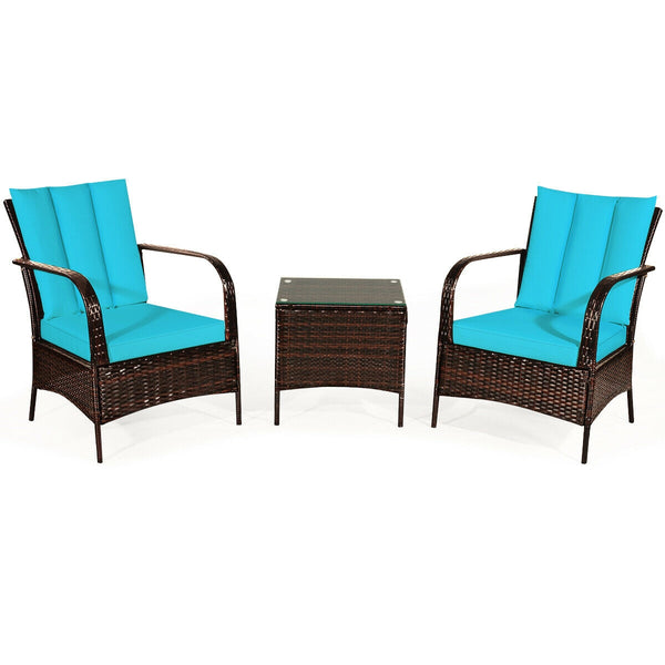 Durable and sturdy rattan and steel materials for long service time<br>The thick sponged cushion is soft and the cover is washable<br>Weatherproof materials ensure the furniture set is placed outside all year round<br>The coffee table has a tempered glass