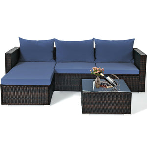 Package includes: 2 Corner chairs  1 Armless chair  1 Ottoman  1 Coffee table  4 Seat cushions  3 Back cushions  1 Instruction <br>Power-coated and solid steel frame adds sturdiness to the set <br>Tight and hand-woven rattan wraps the steel frame <br>Spac