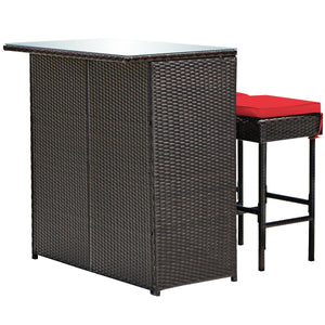 Strong metal frame and wrapped with rattan wicker<br>Including 2 stools and 1 table<br>Special design of the shelve for storage<br>Tempered glass top with good heat-durability<br>Soft and thick cushion provides comfortable sitting experience<br>Zippered c