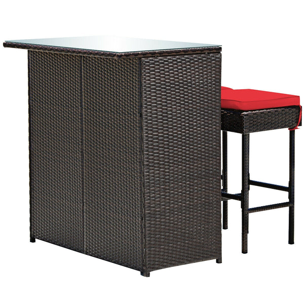 Strong metal frame and wrapped with rattan wicker<br>Including 2 stools and 1 table<br>Special design of the shelve for storage<br>Tempered glass top with good heat-durability<br>Soft and thick cushion provides comfortable sitting experience<br>Zippered c