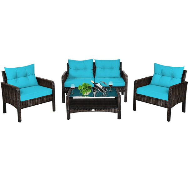 The rugged frame ensures sturdiness and stableness<br>Functional and beautiful design perfect for garden  backyard  and balcony<br>Rattan coffee table with tempered glass top and large storage space<br>Thick and comfortable cushions with removable cover<b