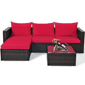 Package includes: 2 Corner chairs  1 Armless chair  1 Ottoman  1 Coffee table  4 Seat cushions  3 Back cushions  1 Instruction <br>Power-coated and solid steel frame adds sturdiness to the set <br>Tight and hand-woven rattan wraps the steel frame <br>Spac