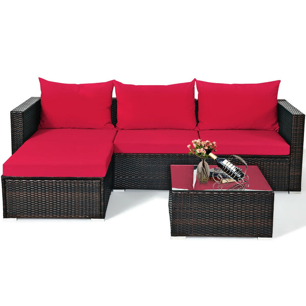 Package includes: 2 Corner chairs  1 Armless chair  1 Ottoman  1 Coffee table  4 Seat cushions  3 Back cushions  1 Instruction <br>Power-coated and solid steel frame adds sturdiness to the set <br>Tight and hand-woven rattan wraps the steel frame <br>Spac