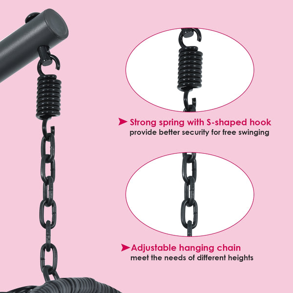 Rugged frame ensure the stability<br>Combined with non-slip pads for increased stability<br>Comfortable pillow and cushion are included for enhanced comfort<br>Safety hook and hanging chain provide better balance<br>Widely used indoor or outdoor<br>Relax 
