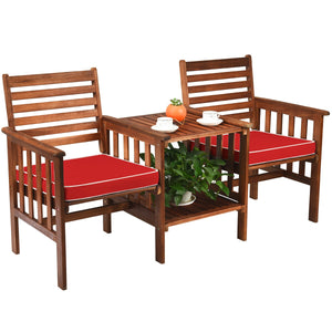 The functional loveseat brings color and pleasure to your outdoor space. Â  Made of premium acacia wood  this set has sturdy and durable construction. Paired with soft sponge cushions and high backrests  this conversation set provides upgraded comfort for