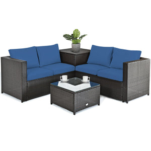Made of rattan with good toughness and weather-resistant function<br>Reinforced steel frame with excellent stability<br>Padded seat and back cushions for soft and comfortable sitting feeling<br>Coffee table with tempered glass for strong supporting<br>End