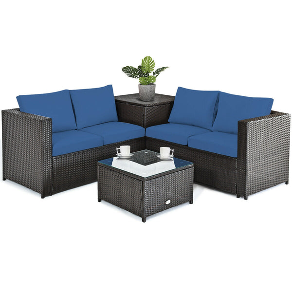 Made of rattan with good toughness and weather-resistant function<br>Reinforced steel frame with excellent stability<br>Padded seat and back cushions for soft and comfortable sitting feeling<br>Coffee table with tempered glass for strong supporting<br>End