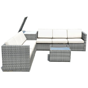 Including 6 sofas  1 storage box  1 coffee table  6 seat cushions and 6 back cushions <br>Sturdy iron frame and premium rattan for better durability <br>Large load-bearing capacity-- 360 lbs for each sofa and 110 lbs for coffee table <br>A storage box as 
