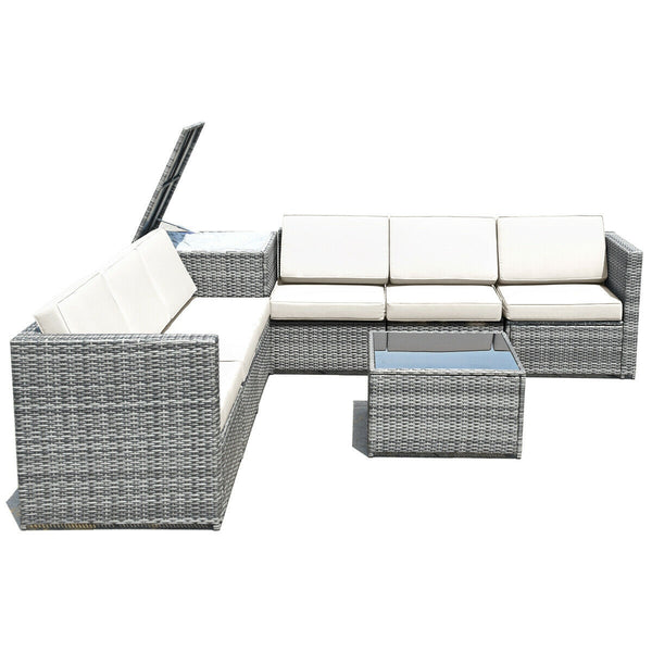 Including 6 sofas  1 storage box  1 coffee table  6 seat cushions and 6 back cushions <br>Sturdy iron frame and premium rattan for better durability <br>Large load-bearing capacity-- 360 lbs for each sofa and 110 lbs for coffee table <br>A storage box as 