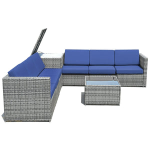 Including 6 sofas  1 storage box  1 coffee table  6 seat cushions and 6 back cushions <br>Sturdy iron frame and premium rattan for better durability <br>Large load-bearing capacity-- 360 lbs for each sofa and 110 lbs for coffee table <br>A storage box as 