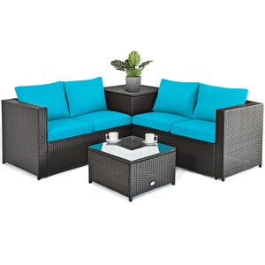 Made of rattan with good toughness and weather-resistant function<br>Reinforced steel frame with excellent stability<br>Padded seat and back cushions for soft and comfortable sitting feeling<br>Coffee table with tempered glass for strong supporting<br>End