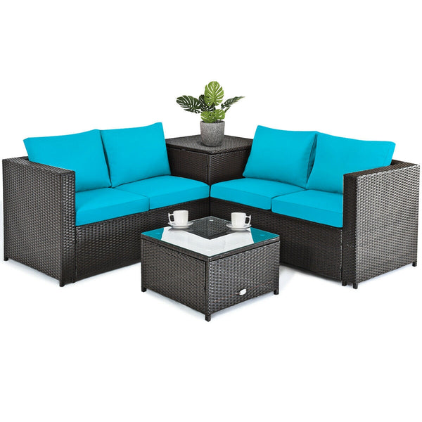 Made of rattan with good toughness and weather-resistant function<br>Reinforced steel frame with excellent stability<br>Padded seat and back cushions for soft and comfortable sitting feeling<br>Coffee table with tempered glass for strong supporting<br>End