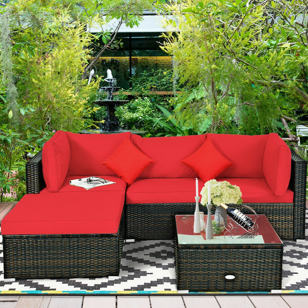 Including 1 armless sofa  2 corner sofas  1 ottoman  and 1 coffee table for a versatile use<br>Sturdy steel frame and durable PE rattan for long time use<br>4'' thick cushions to provide extraordinary comfort<br>Equipped with 2 extra soft pillows for bett