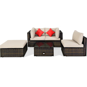 Including 1 armless sofa  2 corner sofas  1 ottoman  and 1 coffee table for a versatile use<br>Sturdy steel frame and durable PE rattan for long time use<br>4'' thick cushions to provide extraordinary comfort<br>Equipped with 2 extra soft pillows for bett