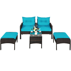 Includes 2 single chairs  2 ottomans and a side table<br>Heavy-duty metal frame with great sturdiness<br>All-weather PE rattan durable for outdoor use<br>Long-lasting tempered glass table smooth for wiping<br>3" thick cushions for excellent softness<br>Re