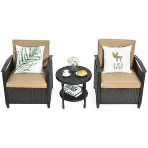 It is made of high-quality rattan material and a heavy-duty steel frame  which is solid and durable for outdoor use.  Anti-skid mats at the bottom ensure the overall stability and protect the floor. And the rust-resistant tabletop is easy to clean and the