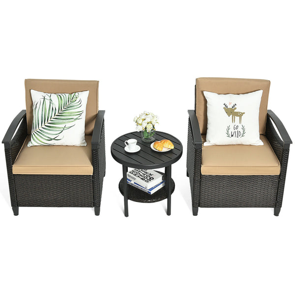 It is made of high-quality rattan material and a heavy-duty steel frame  which is solid and durable for outdoor use.  Anti-skid mats at the bottom ensure the overall stability and protect the floor. And the rust-resistant tabletop is easy to clean and the