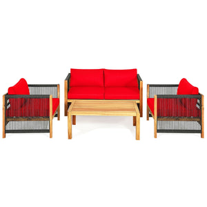 Solid and hard wooden frame enhances sturdiness of the set. <br>Rearrangeable in various configurations to meet your varying needs <br>Thick and soft cushions provide an excellent comfort. <br>Elegant and tight nylon rope decorated armrest. <br>Zipper int