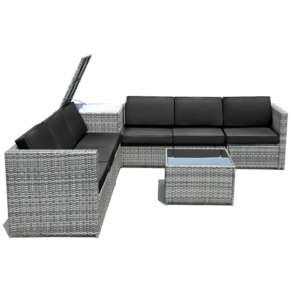 Including 6 sofas  1 storage box  1 coffee table  6 seat cushions and 6 back cushions <br>Sturdy iron frame and premium rattan for better durability <br>Large load-bearing capacity-- 360 lbs for each sofa and 110 lbs for coffee table <br>A storage box as 